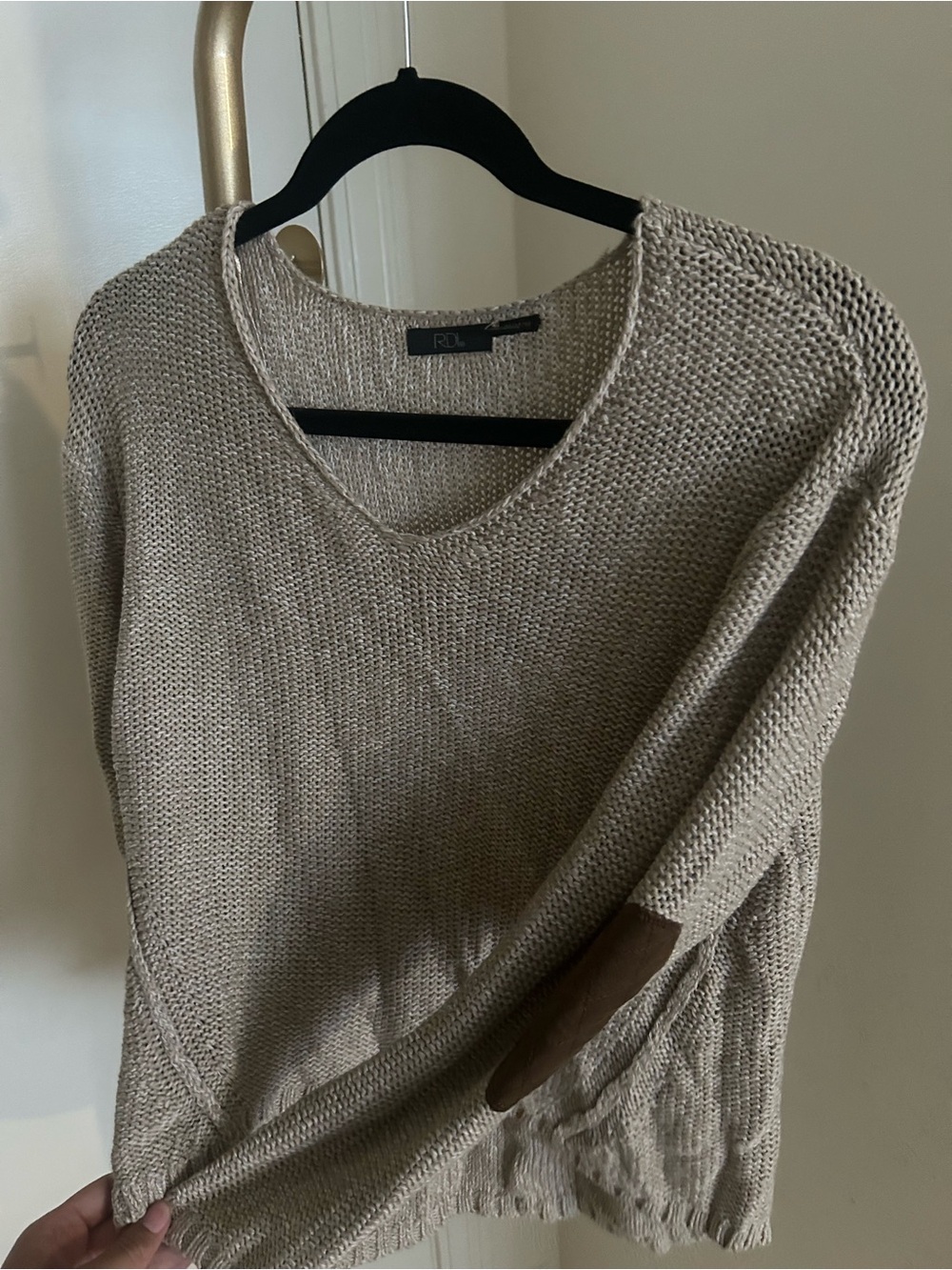RD Style Beige Knit Sweater Elbow Patch Cozy Fall Academia Size M